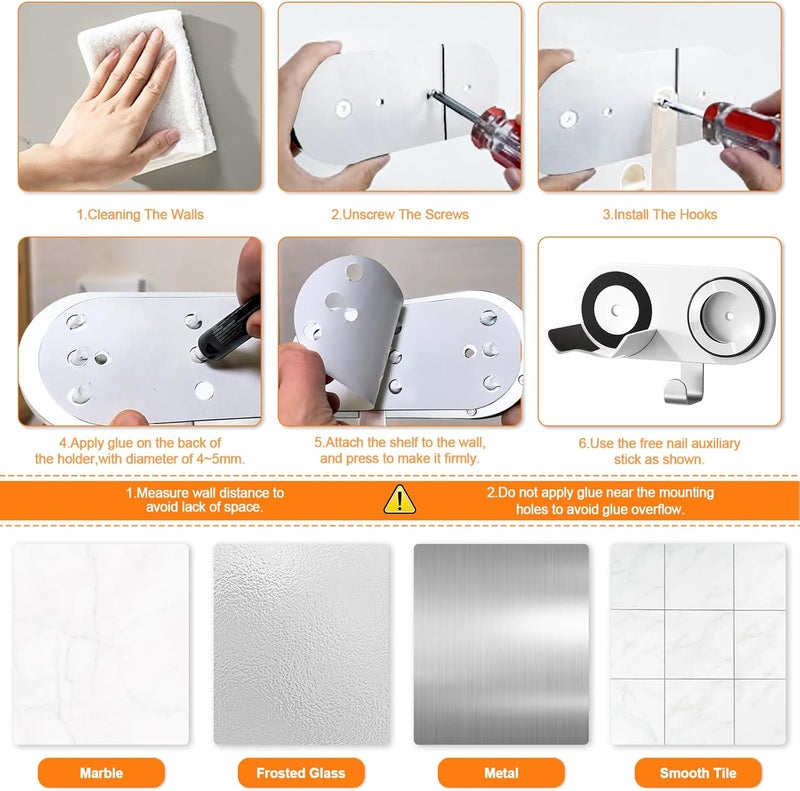 SEICHYGO Hair Dryer Holder Wall Mount Compatible with Dyson & Laifen (NOT for SE LITE), Adhesive Holder for All Magnetic High Speed Blow Dryer with Plug Cord Organizer Hook, (Aluminum Alloy, White) - Image 5